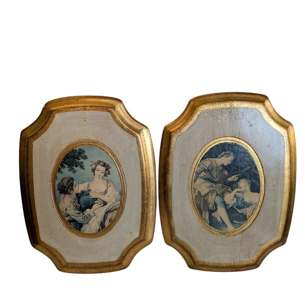 Vintage Italian Florentine Octagonal Wood Plaque Rococo Style Set Of 2